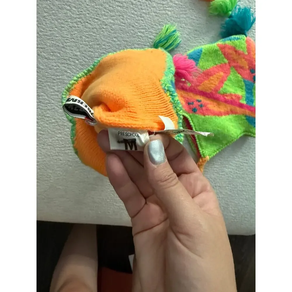 VTG 80s Obermeyer Kids Trapper Hat Beanies Neon Earflap Hat Tassle Preschool (2)
